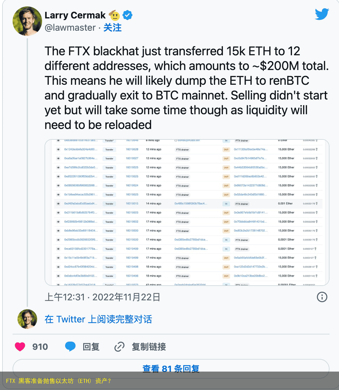 FTX 黑客准备抛售以太坊 (ETH) 资产?